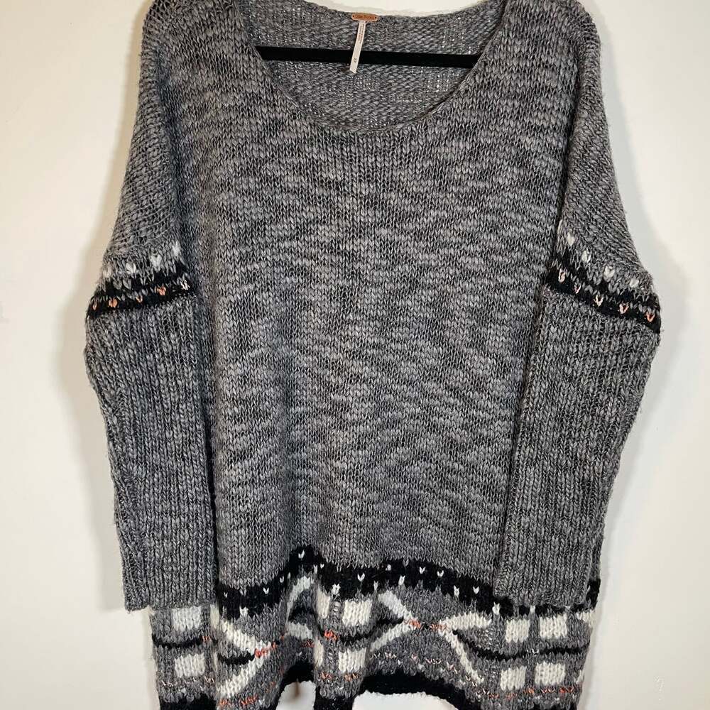 Free People Oversized Pullover Sweater Wool Blend Brown Aztec Womens Size Medium